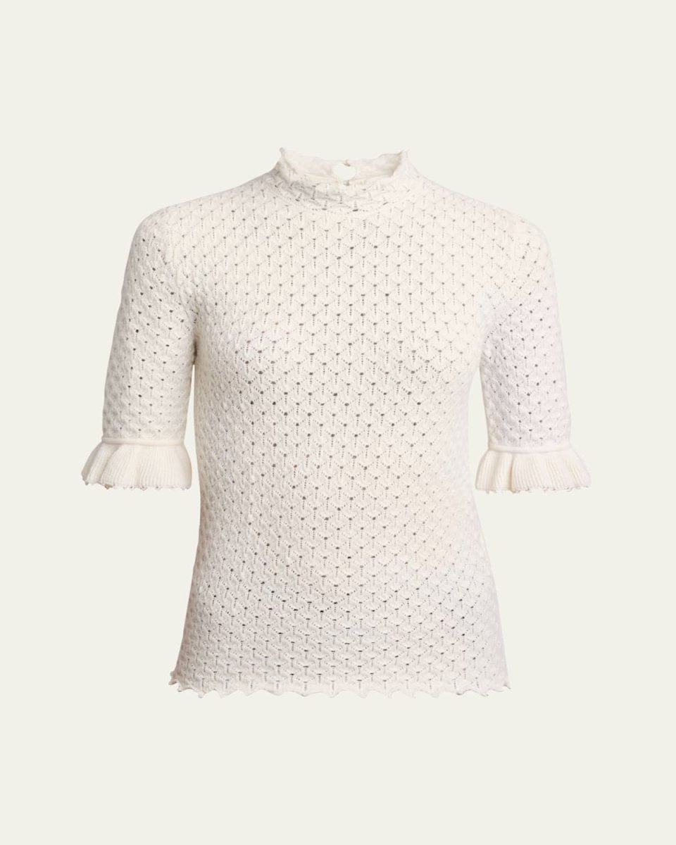 Ruffle-Cuff Pointelle Wool Cashmere Top